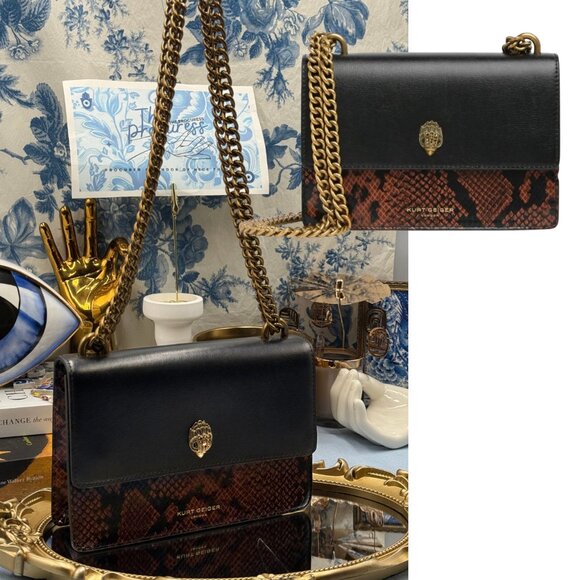 🆕 KURT GEIGER LONDON 🧿 NWOT Small Shoreditch Bag, Black Leather Brown Reptile - Picture 1 of 16